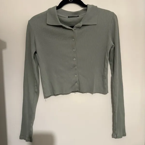 Brandy Melville Sage Green Ribbed Button-Up Top - Image 2