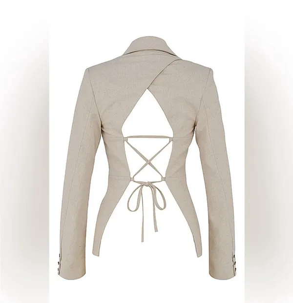 House Of CB Mistress Rocks Beige White Open Back Lace Up Suit blazer Jacket Top Blouse Shirt - Image 8