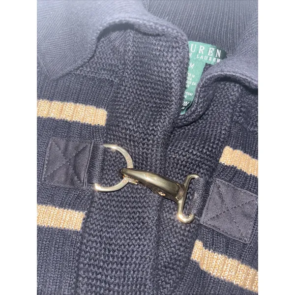 Lauren Ralph Lauren Black Gold Striped Sweater Toggle Medium Sparkle Metallic - Image 3