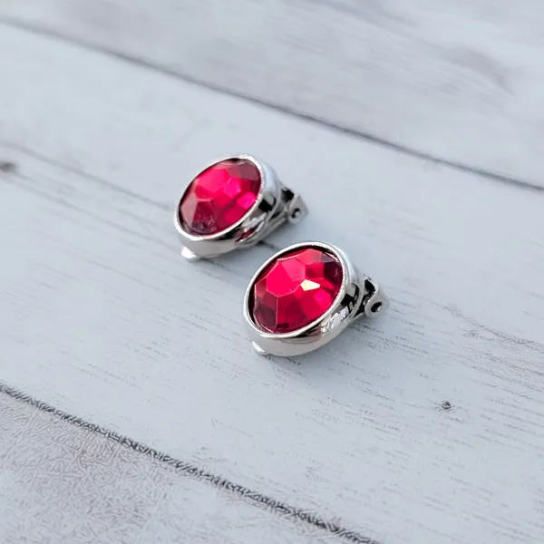 Vintage Clip On Earrings Red Gem with Silver Tone Halo - Image 3