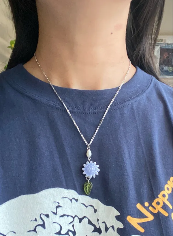 Handmade unique funky cute light blue ceramic sun & Czech glass leaf & freshwater pearl necklace☀️🌿 - Image 7