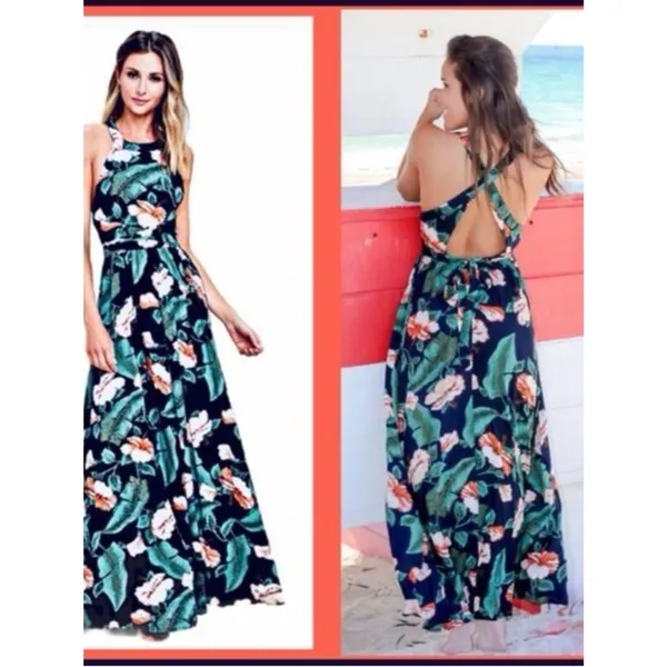 Lulu's Navy Tropical Floral Maxi Dress Crisscross Back Wedding Garden Party M - Image 2