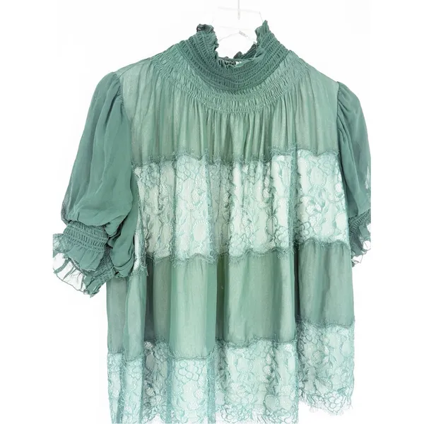 Anthropologie High Neck Lace Swing Blouse Women's S Green Romantic‎ - Image 5