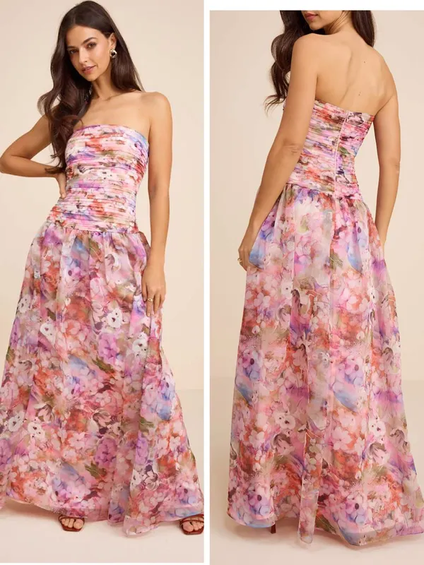 Lulus Kasandra Pink Multi Floral Organza Drop Waist Maxi Dress Size XL Strapless - Image 2