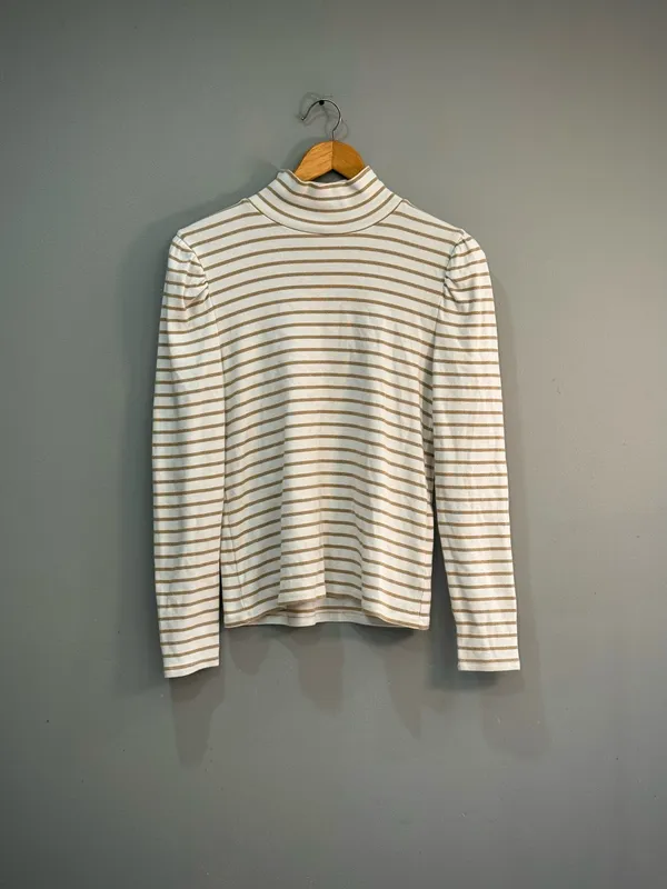 White/Tan J. Crew Puff Sleeve Ribbed Turtleneck Top Size L EUC - Image 4