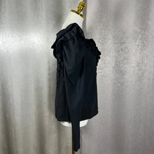 Anthropologie Black Ruffle V-Neck Puff Sleeve Knit Top Small Boho Romantic - Image 6