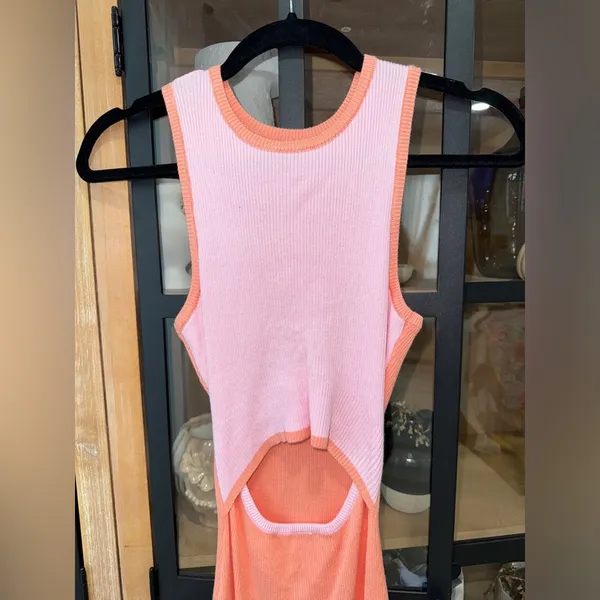 Petal & Pup Sofi midi dress bodycon ribbed colorblock coral pink slit cutout - Image 4
