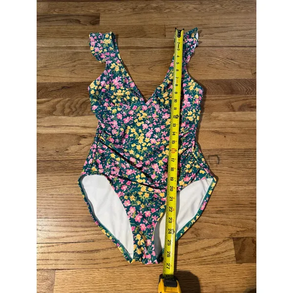 Floral Ruffle V-Neck One Piece Swimsuit‎ Teal Pink Yellow Ruched Low Back small - Image 3