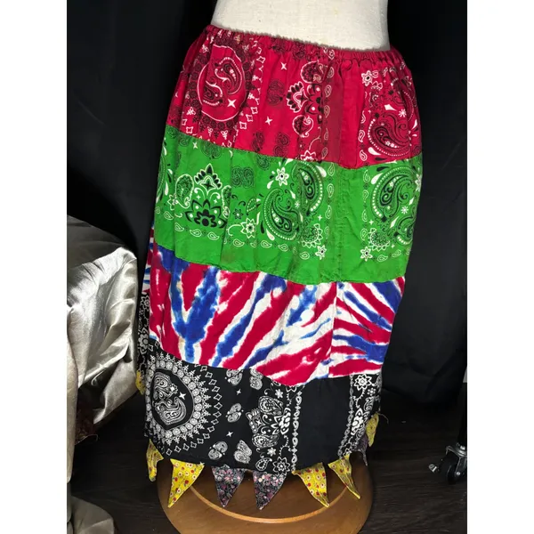 Handmade Bandana Patchwork Maxi Skirt Multi Color Paisley Tie Dye Boho Western - Image 4