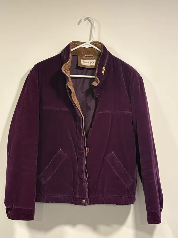 Vintage Braetan Purple Corduroy Bomber Jacket with Tan Collar - Image 4