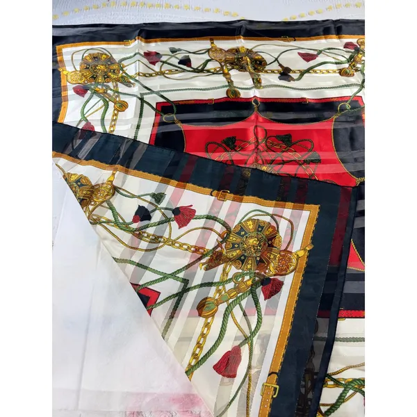 Vintage Equestrian Chain Print Square Scarf Red Black Gold‎ Tassel Sheer Stripe - Image 3