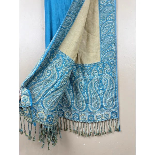 Pashmina Blue Paisley-Patterned Reversible Woven Wrap Fringed Shawl - Image 11