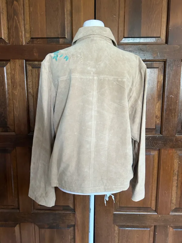 Coldwater Creek Women's L Tan‎ Genuine Suede 100% Leather Jacket Floral Applique - Image 4