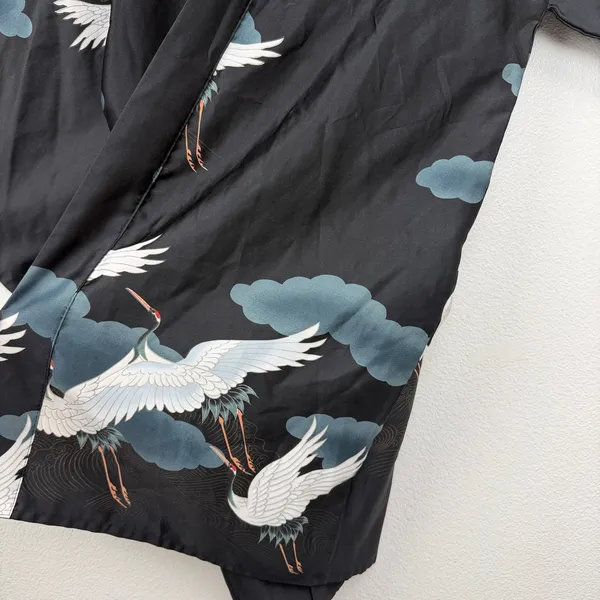 Marukyo Kimono Womens OS Black Crane Cloud Print Open Front Wide Sleeve Robe - Image 5