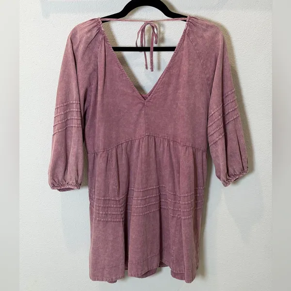 Mustard Seed Pink Boho Babydoll Mini Dress with V-Neck Size Small - Image 5
