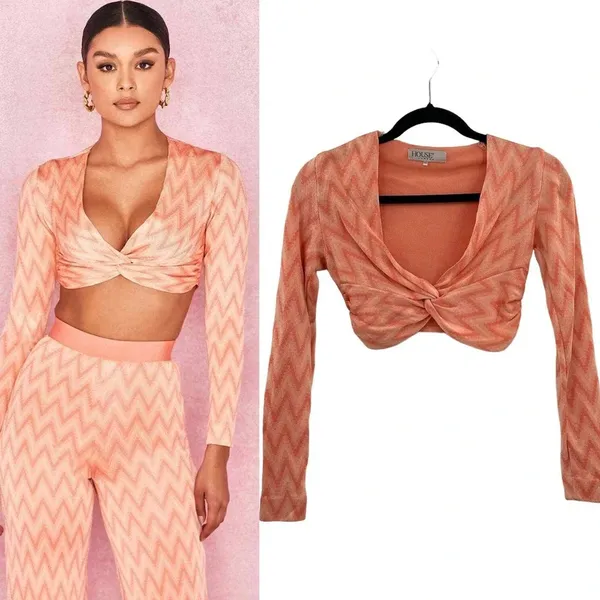 House of CB London Bertille Peach ZigZag Bandage Top Cropped Size XS‎ - Image 2