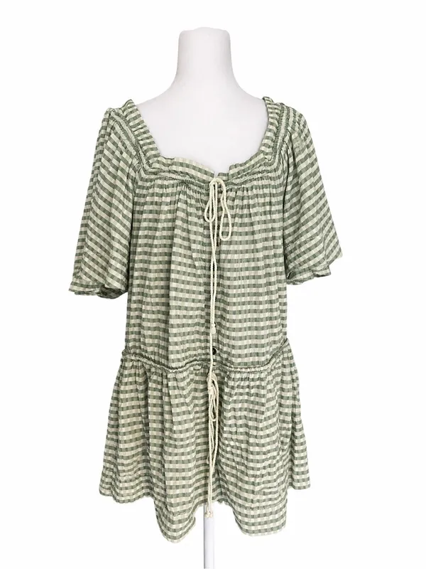 Free People County Line Romper Green Combo XS Oversized Square Neck Gingham Boho - Image 2