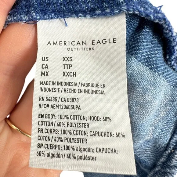 American Eagle‎ Outfitters Womens Plaid Cropped Hoodie Shirt XXS Blue Distressed - Image 6