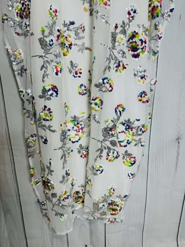 Buddy Love Atlas Sequin Caftan Maxi Dress Sz L White Floral V-Neck Relaxed Fit - Image 3