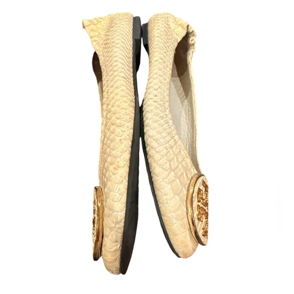 TORY BURCH Beige Cream Snake Print Ballet Flats Slipon Round Toe Gold Shoes 6.5 - Image 4