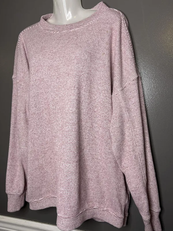 Aerie Sweater Womens Medium Pink Striped Waffle Knit Crew Neck Pullover Cozy - Image 4
