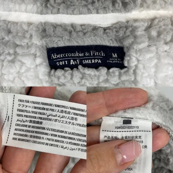 Abercrombie Sherpa Check Fleece Plaid Full Zip Jacket Coat Gray and White Size Medium - Image 14