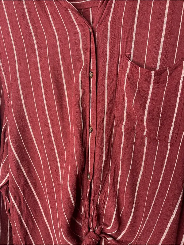 American Eagle Maroon Striped Tie-Front Button Up Blouse (X-Large) - Image 2