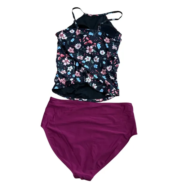 Tempt Me Floral Tankini‎ Top & Kathy Ireland High Waist Bottoms Set XL Purple - Image 9