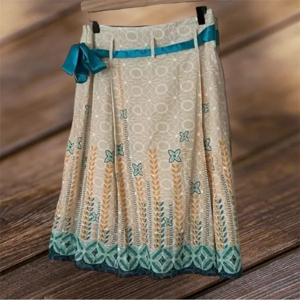 Mint Green Boho Eyelet A-Line Pleated Midi Skirt Teal Yellow Small - Image 2