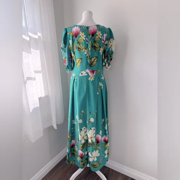 Minh Phuong Teal Floral Print Sweetheart Neckline Half Sleeve Maxi Dress - Image 6