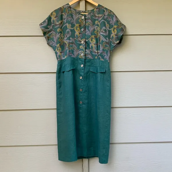 Vintage 80s Dress Linen Dress Green Pencil Skirt Floral‎ Short Sleeves Button-Up - Image 7