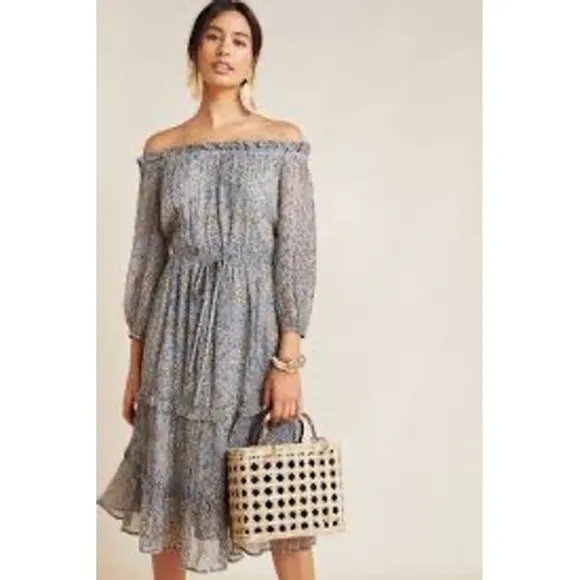 Anthropologie Blue Floral Kira Smocked Off The Shoulder Boho Peasant Dress - Image 4