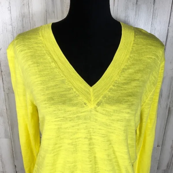 J. Crew Slub Knit V-Neck Long Sleeve Sweater Top L Neon Yellow Bright Blouse - Image 4