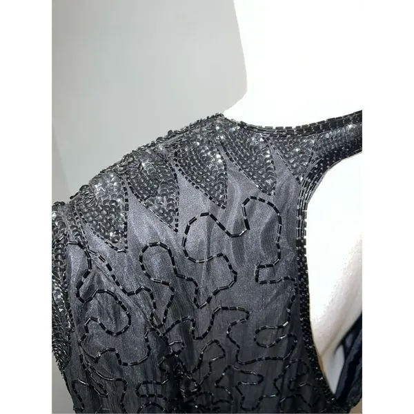 100% Silk Vintage Women’s Black Beaded Open Back MIDI Dress LARGE - Image 9