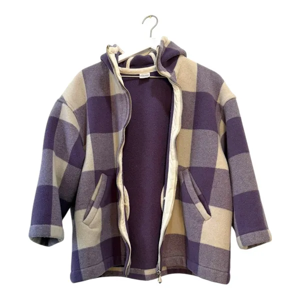 United Colors of Benetton Hooded Wool Coat Purple Plaid Women’s 38 - Image 4