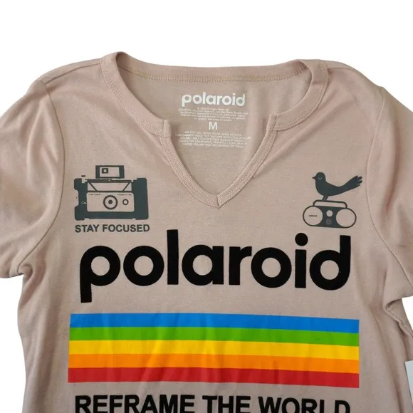 Polaroid Reframe The World Graphic T-Shirt Tan V-Neck Short Sleeve Women Size‎ M - Image 2