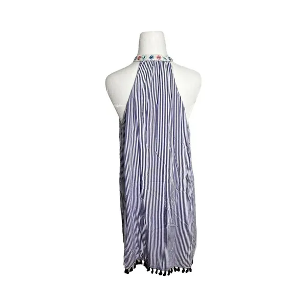 THML Blue White Striped Embroidered Halter Mini Dress Tassel Hem‎ Large - Image 4