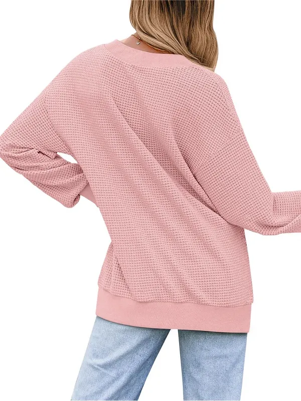 Boutique Waffle Knit Womens V-Neck Long Sleeve Pullover Casual Outfits Loose Top M - Image 4