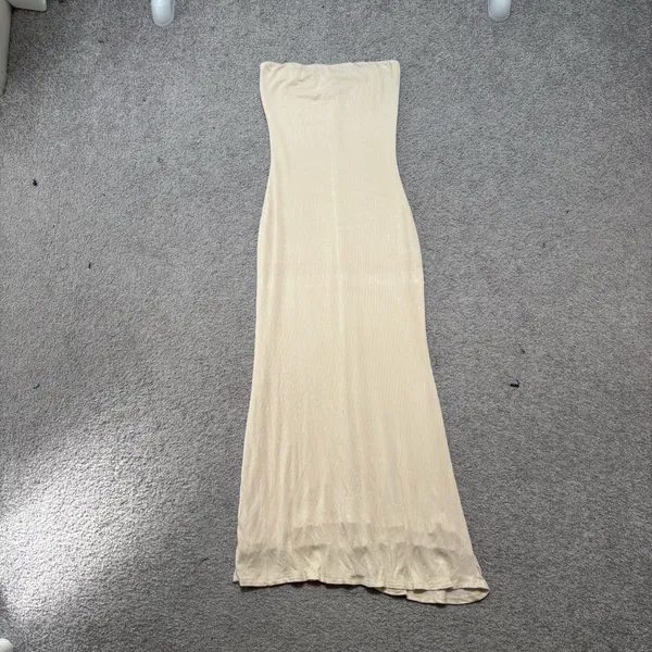 Windsor Strapless Cream Ribbed Bodycon Midi Dress - Image 3