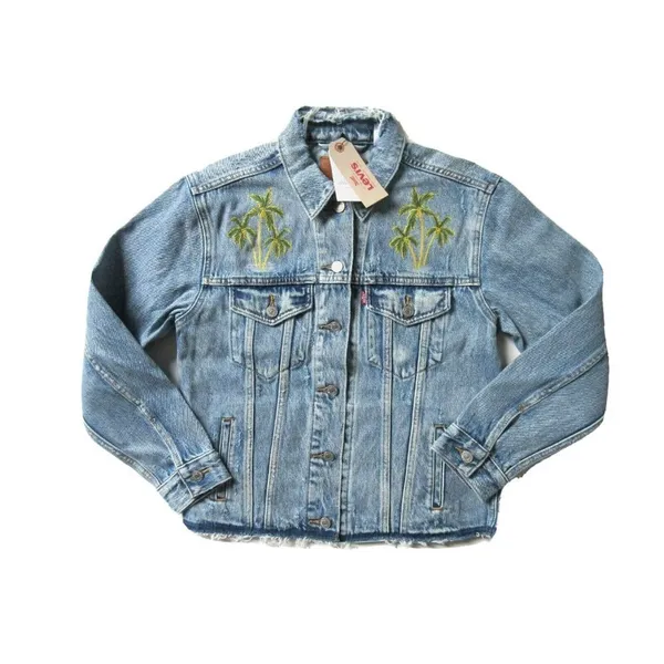 NWT Levi's Ex-Boyfriend Trucker Indigo Memory Embroidered Palm Tree Jacket S - Image 6