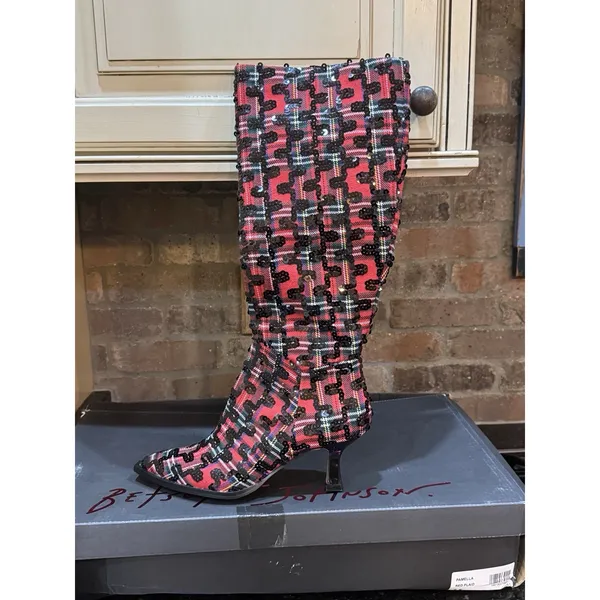 Betsey Johnson Women's Pamella Red/Black Plaid Sequin Knee High Boots Size 7.5 - Image 3