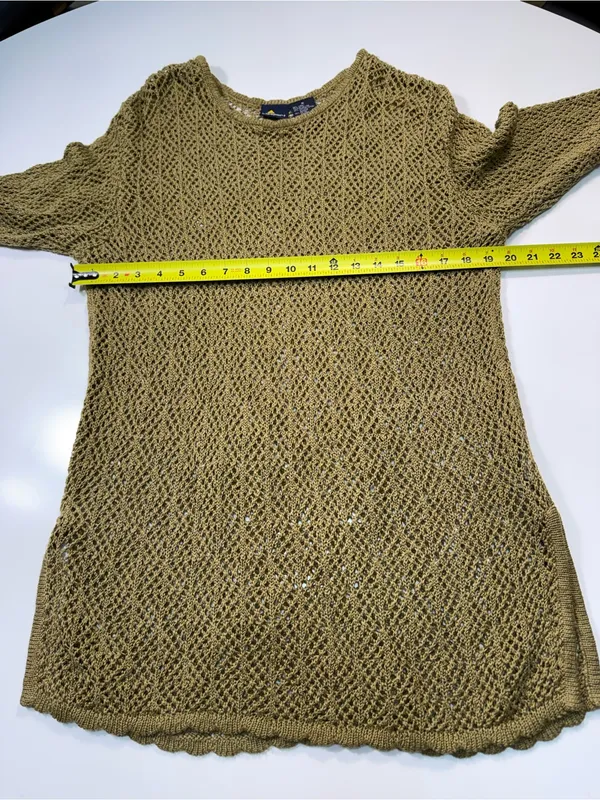 Liz Sport Linen Cotton BlendSheer Olive Green Open-Knit Long Sleeve Swim Coverup - Image 4