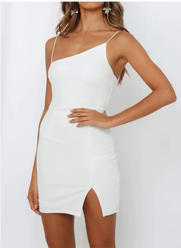 White Asymmetrical Bodycon Mini Dress With Slit - Image 2