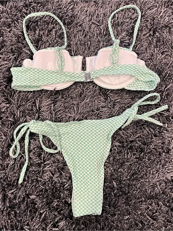 Amazon 🌸NWT GREEN AND WHITE GINGHAM HIGH CUT BIKINI SIZE MEDIUM 🌸 - Image 6