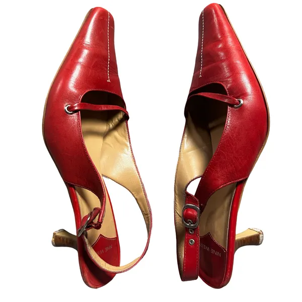 Nine West Red Leather Square Toe Mary Jane Slingback Heels 8.5M Y2K - Image 10