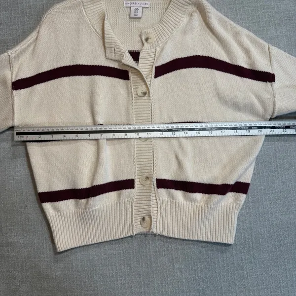 Sincerely Jules Striped Cardigan Sweater Medium Cream Burgundy Button Front Crop - Image 4