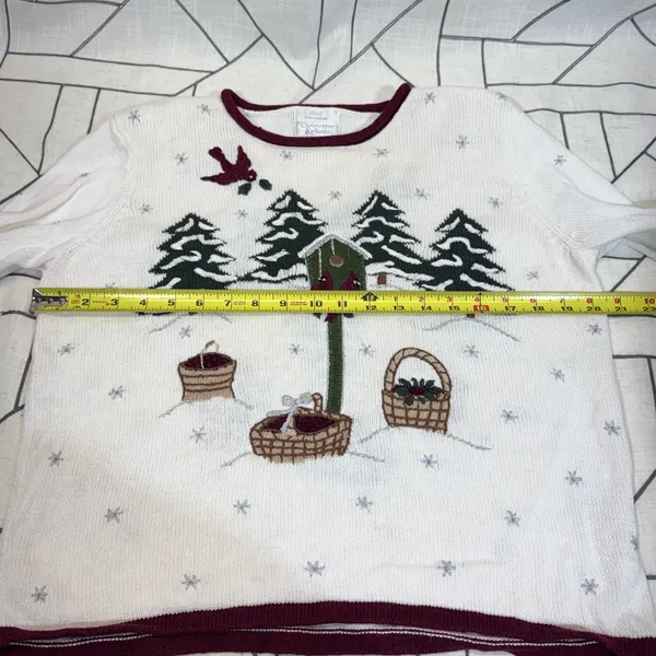 Christopher & Banks Sweater Small White Winter Cardinal‎ Hand Embroidered 2003 - Image 4