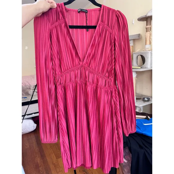 Zara Pleated Satin Dress Red Size Medium‎ 1131/850/600 Blogger Favorite - Image 2