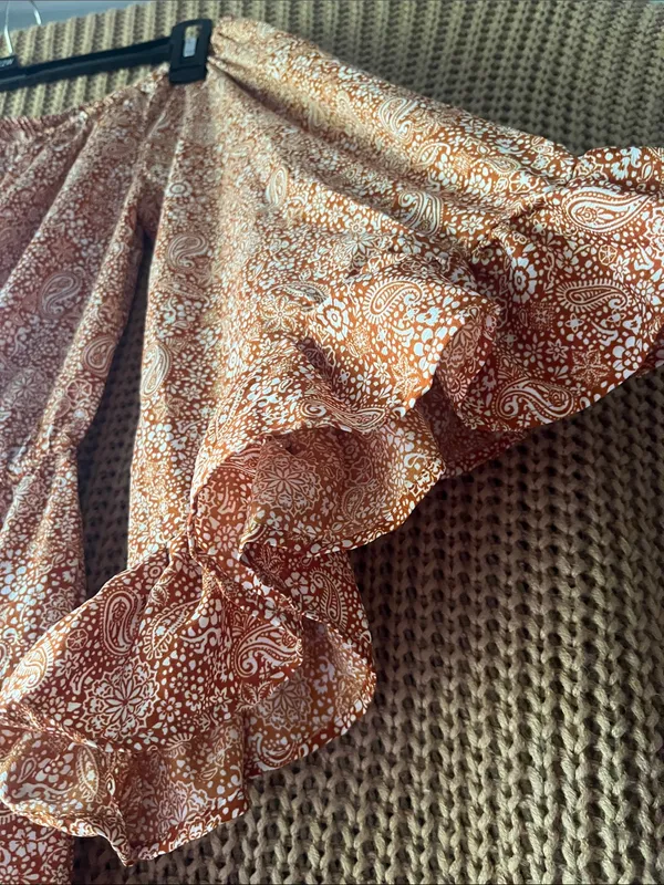 Blush Rust Paisley Off-Shoulder Midi Dress with Tassel Tie - Image 4