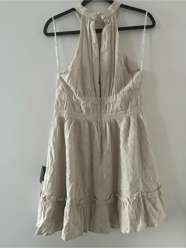 Lulus Beige Linen Blend Halter Mini Dress Medium Coastal Euro Summer NWT - Image 4